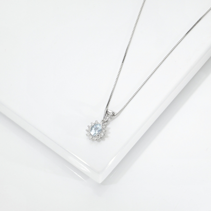 Oval aquamarine diamond halo necklace Oval aquamarine diamond halo necklace