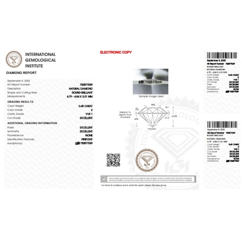 IGI Certified Diamond   CT 0,43   E   VVS 1 IGI Certified Diamond   CT 0,43   E   VVS 1
