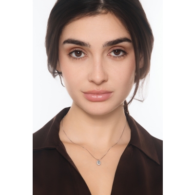 Diamond halo pendant necklace with aquamarine in 18kt white gold