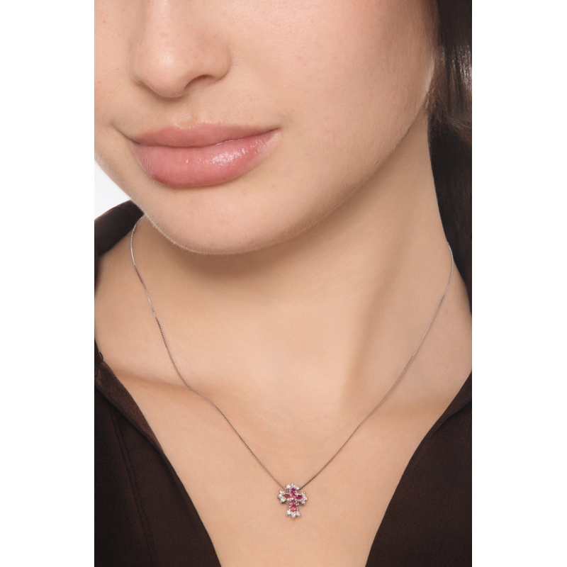 Cross necklace in white gold 750 with rubies and diamonds Cross necklace in white gold 750 with rubies and diamonds