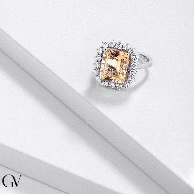 Emerald-cut yellow citrine ring with diamonds in 18kt white gold