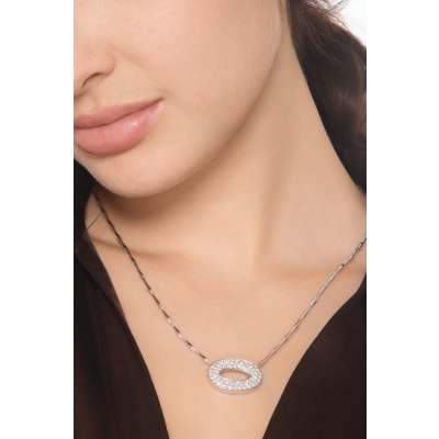 Oval pavè pendant semi-rigid necklace in 18kt white gold