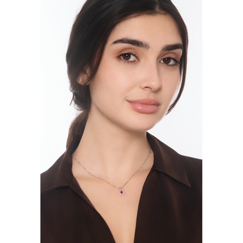 Ruby diamond halo necklace in 18kt white gold 