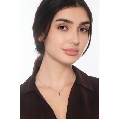 Ruby diamond halo necklace in 18kt white gold 