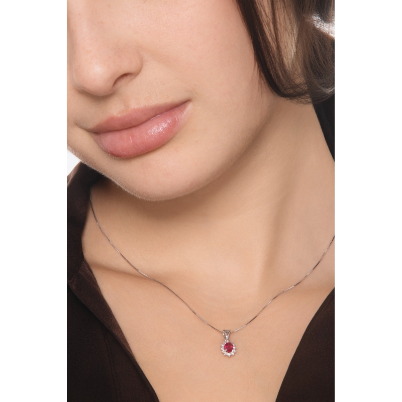 Ruby diamond halo necklace in 18kt white gold 