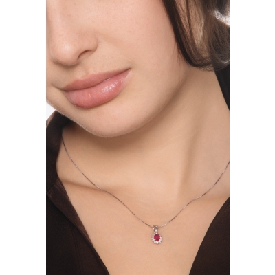 Ruby diamond halo necklace in 18kt white gold 