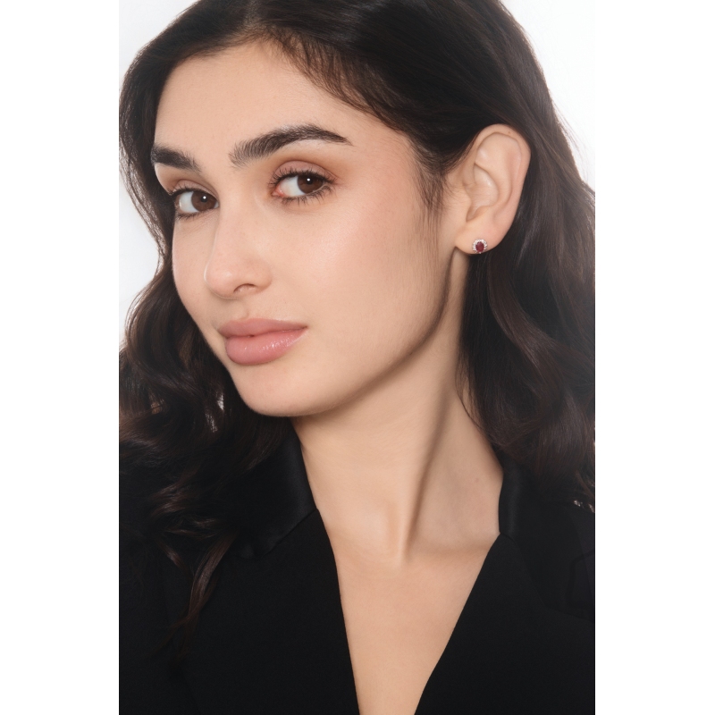 Ruby diamond halo earrings in 18kt white gold