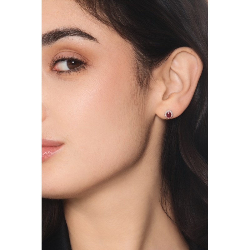 Ruby diamond halo earrings in 18kt white gold