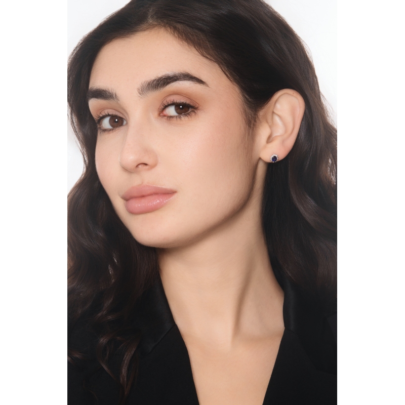 Blue sapphire diamond halo earrings in 18kt white gold