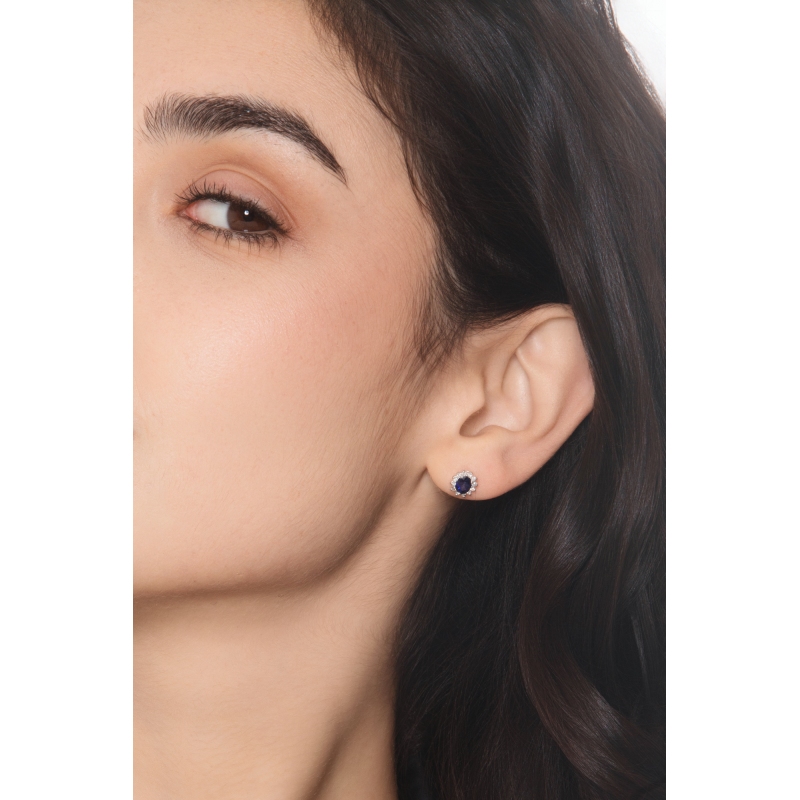 Blue sapphire diamond halo earrings in 18kt white gold