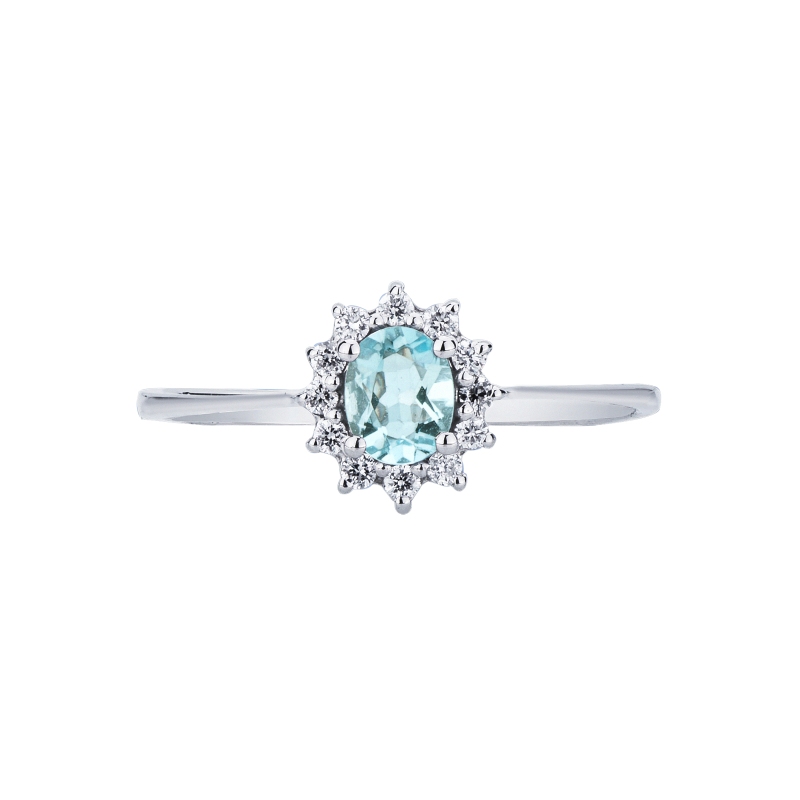 Aquamarine diamond halo ring in 18kt white gold