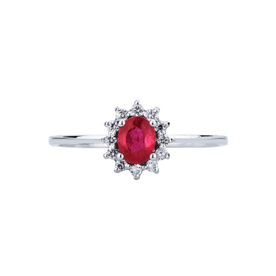 Ruby diamond halo ring in 18kt white gold 