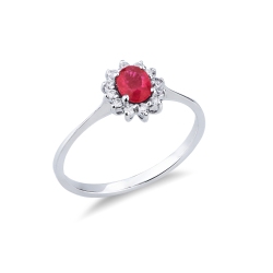 Ruby diamond halo ring in 18kt white gold