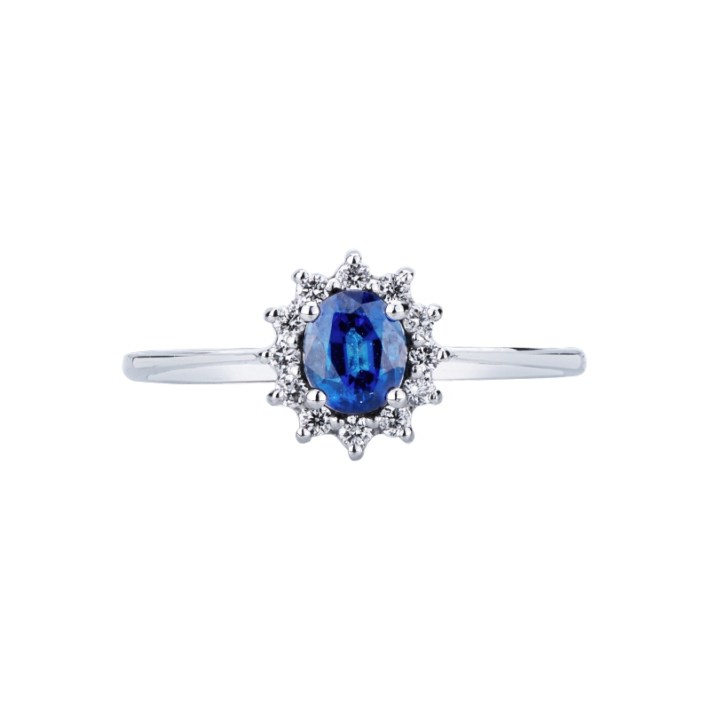 Blue sapphire diamond halo ring in18kt white gold