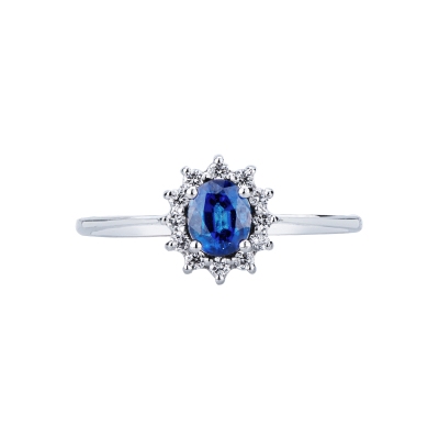 Blue sapphire diamond halo ring in18kt white gold