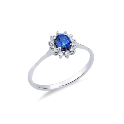 Blue sapphire diamond halo ring in18kt white gold