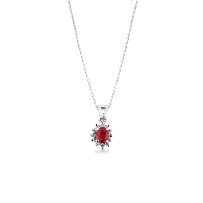 Ruby diamond halo necklace in 18kt white gold 