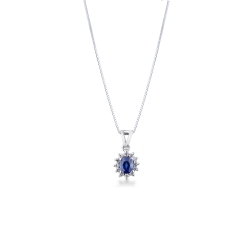 Blue sapphire diamond halo necklace in18kt white gold