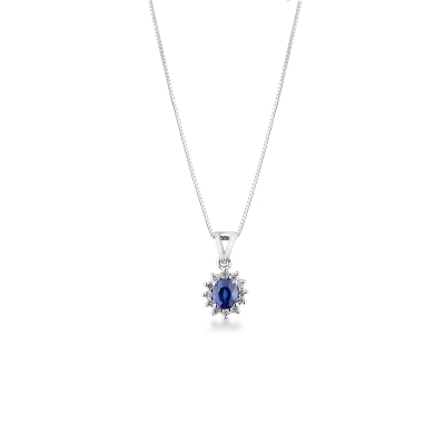 Blue sapphire diamond halo necklace in18kt white gold