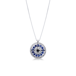 Round pendant necklace with diamonds and sapphires in 18kt white gold
