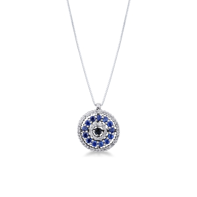 Round pendant necklace with diamonds and sapphires in 18kt white gold