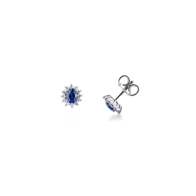 Blue sapphire diamond halo earrings in 18kt white gold