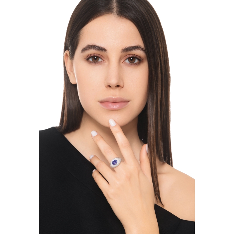 Cocktail diamond tanzanite dome ring in 18kt gold