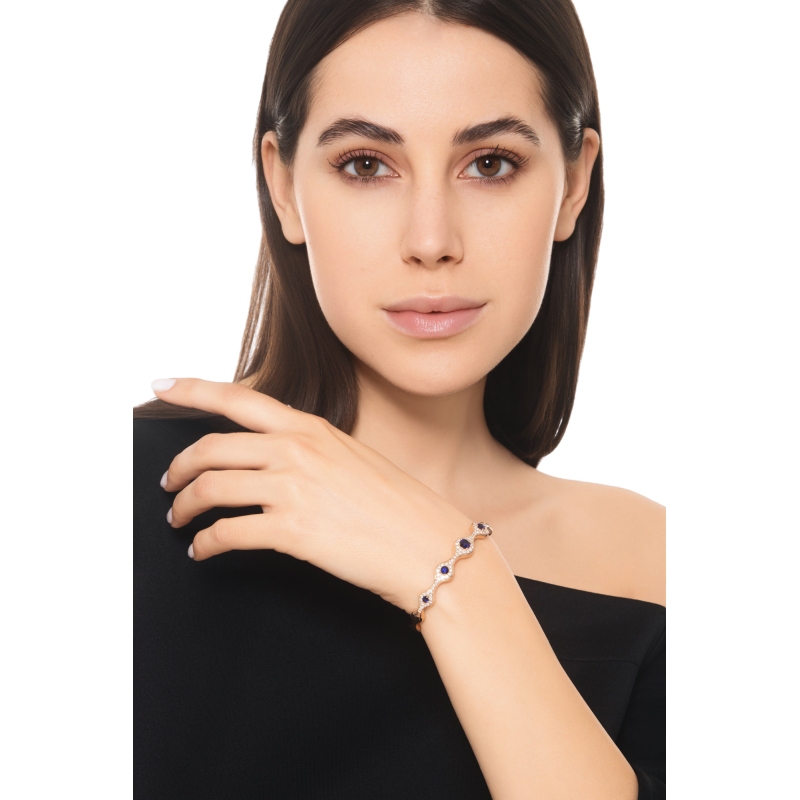 Evil eye diamond sapphire cuff bracelet in 18kt rose gold
