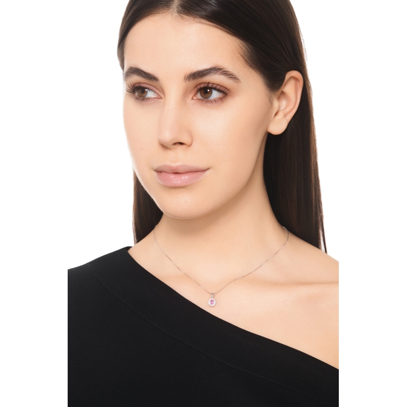 Oval pink sapphire diamond halo necklace