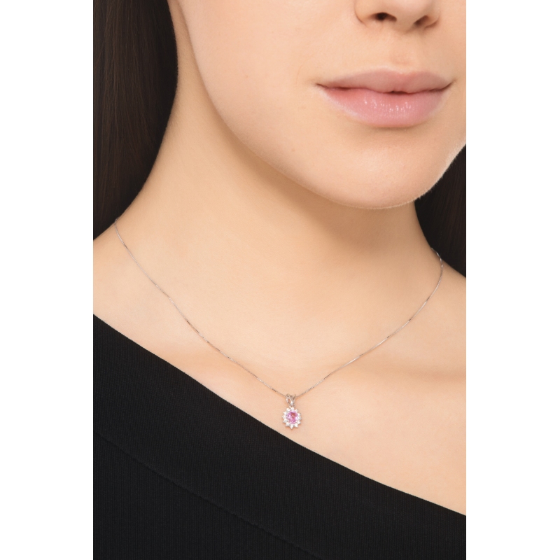 Oval pink sapphire diamond halo necklace