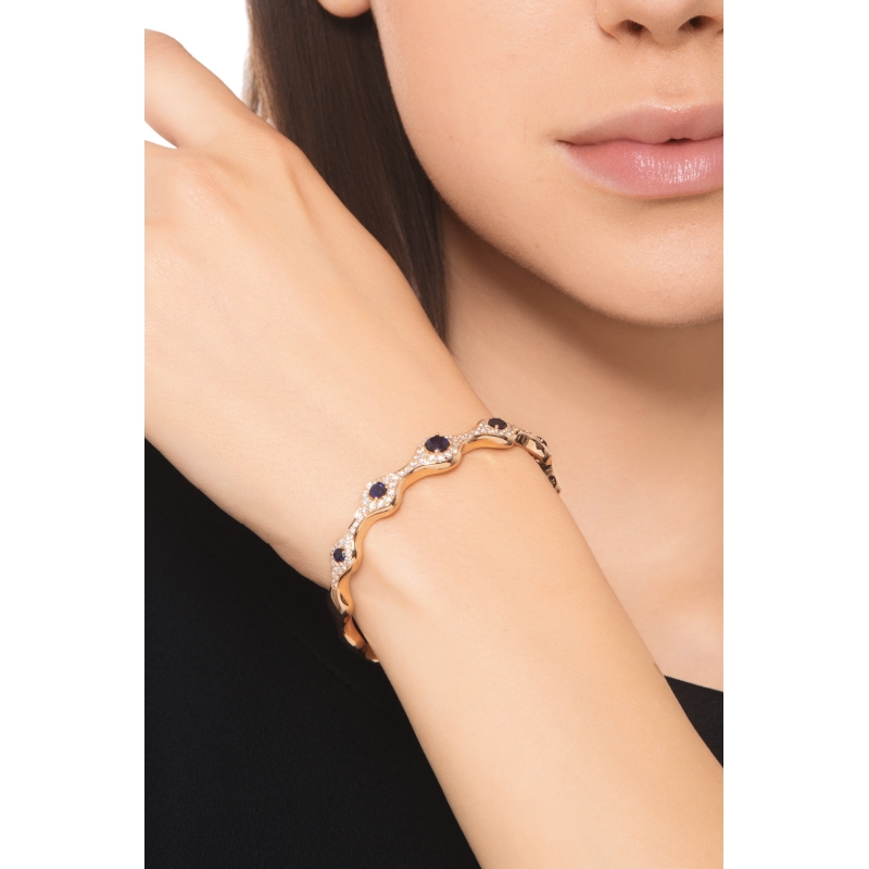 Evil eye diamond sapphire cuff bracelet in 18kt rose gold