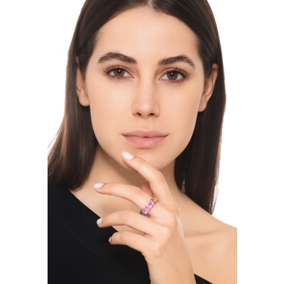 750 yellow gold eternity ring with rainbow sapphires