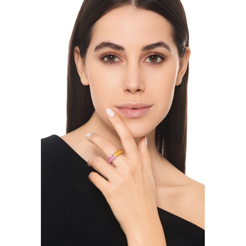 18k yellow gold eternity ring with rainbow sapphires