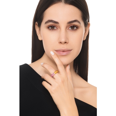 18k yellow gold eternity ring with rainbow sapphires