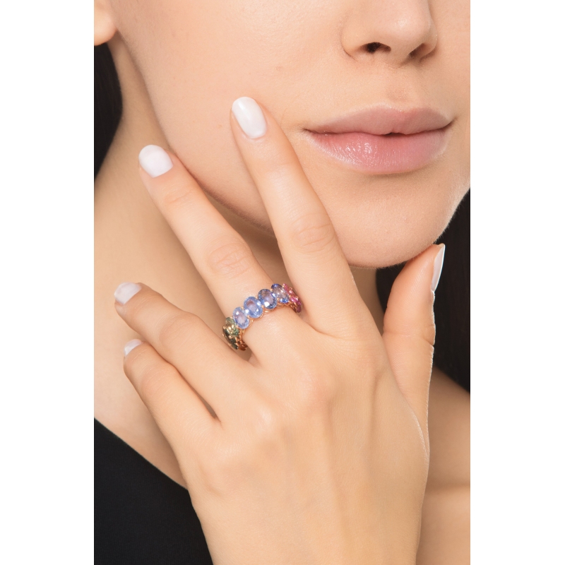 18k yellow gold eternity ring with rainbow sapphires