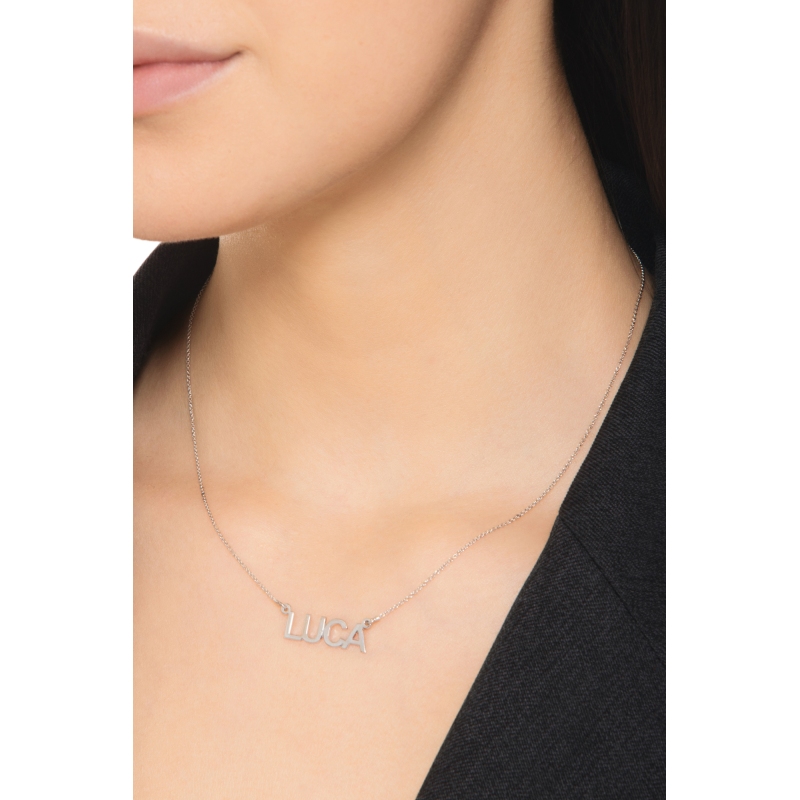 Customizable necklace in 18k white gold block letters, LUCA