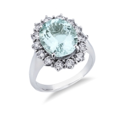 Halo ring with diamonds and aquamarine in 18kt white gold