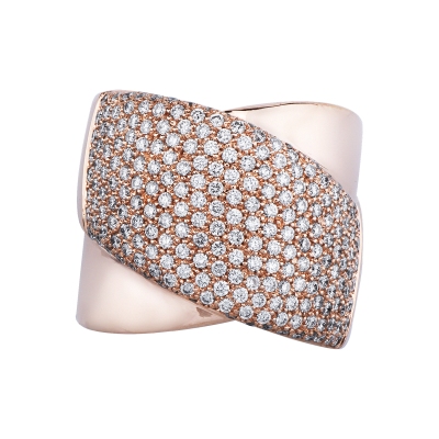 Wide crossover band ring with diamonds in 18kt rose gold