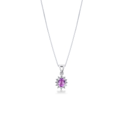 Oval pink sapphire diamond halo necklace