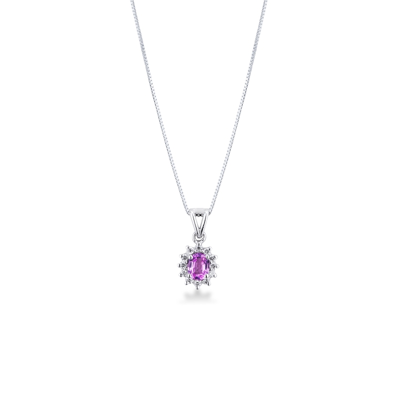Oval pink sapphire diamond halo necklace