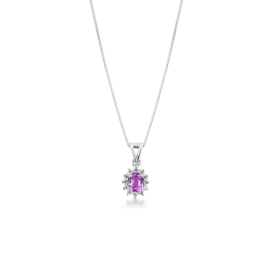 Oval pink sapphire diamond halo necklace