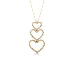 18k yellow gold necklace with three hearts in diamonds
