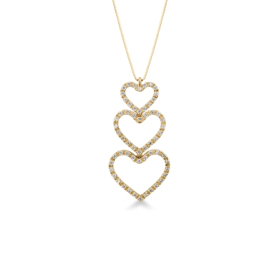 18k yellow gold necklace with three hearts in diamonds
