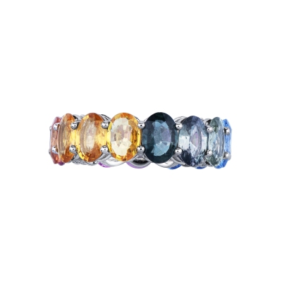 750 yellow gold eternity ring with rainbow sapphires