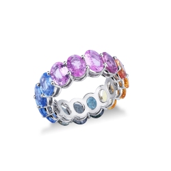 750 yellow gold eternity ring with rainbow sapphires