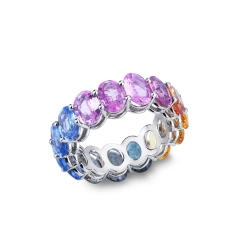 750 yellow gold eternity ring with rainbow sapphires