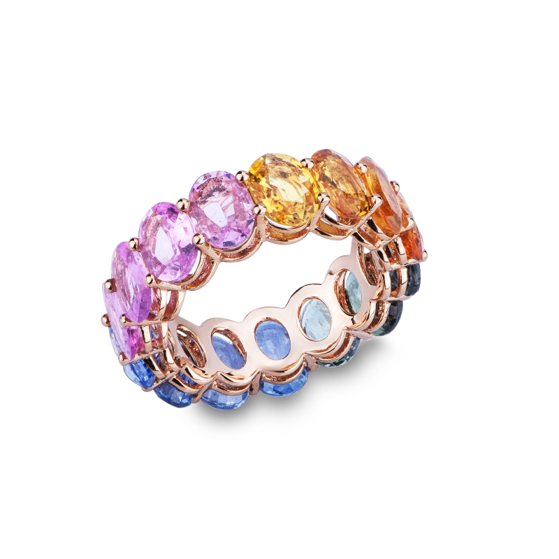 18k yellow gold eternity ring with rainbow sapphires