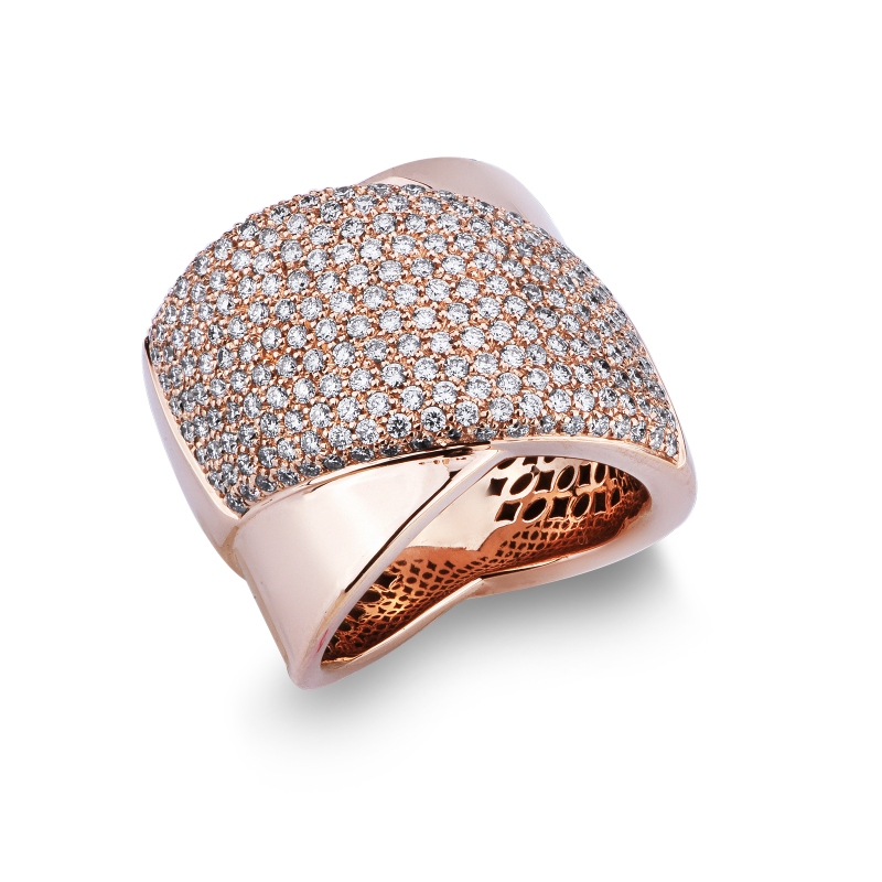 Wide crossover band ring with diamonds in 18kt rose gold