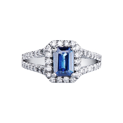Halo ring with blue sapphire and diamonds in white gold 18k