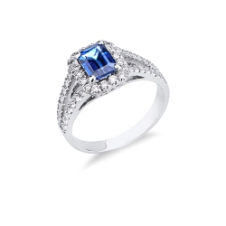 Halo ring with blue sapphire and diamonds in white gold 18k